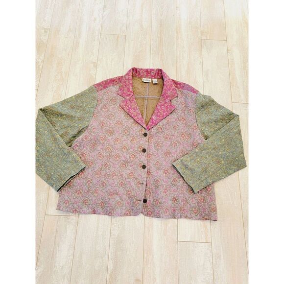 Chico's 3 Quilted Tapestry Jacket Silk Green Pink Button Front Collared - Picture 3 of 7